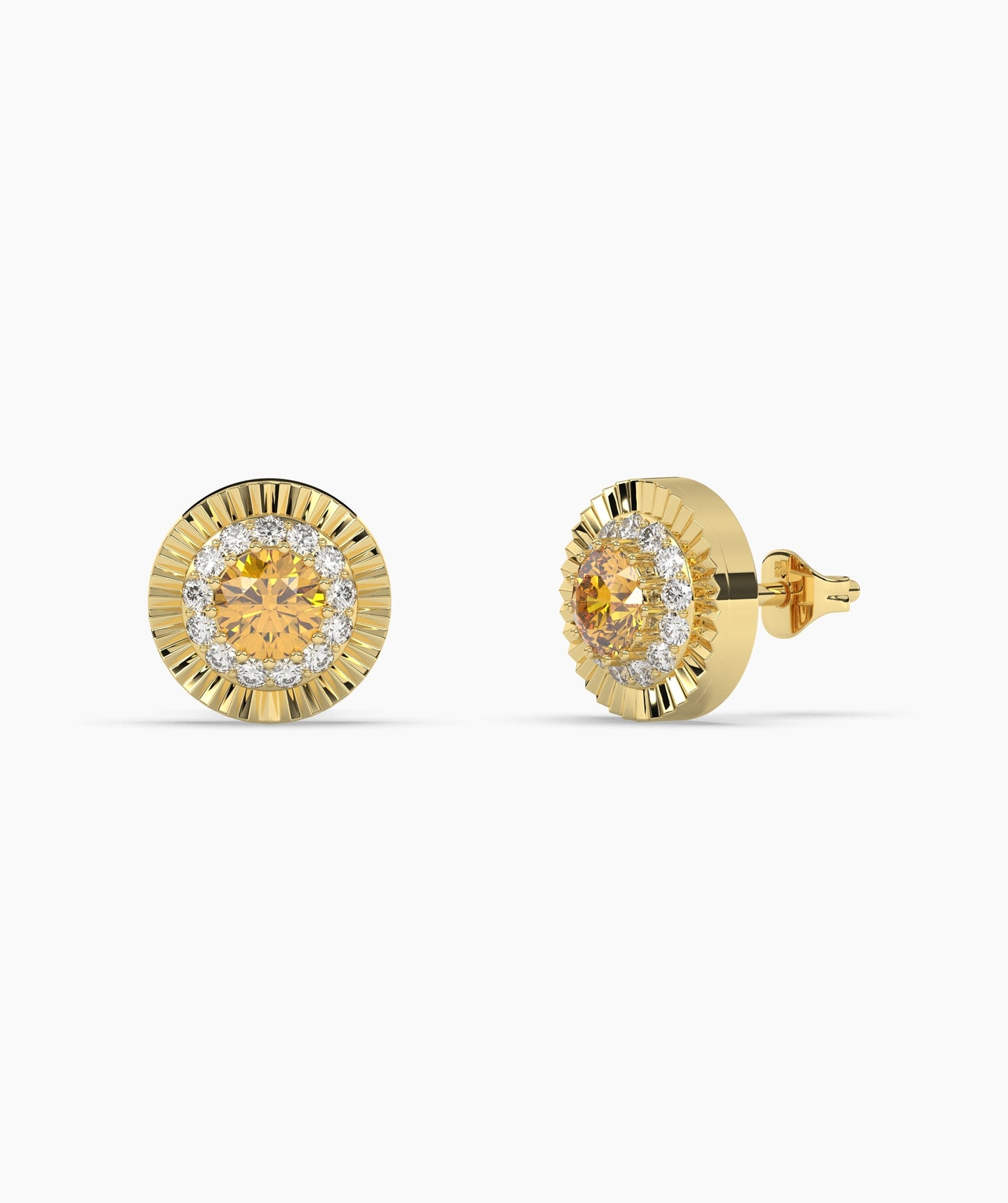 Round Birthstone Diamond Halo Fluted Stud Earrings in 14K Gold