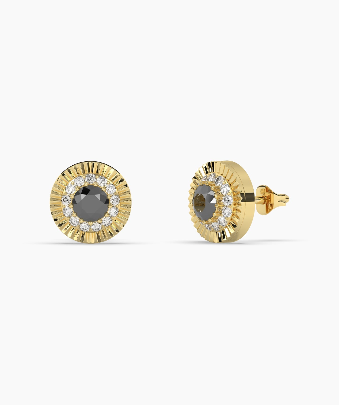 Round Birthstone Diamond Halo Fluted Stud Earrings in 14K Gold