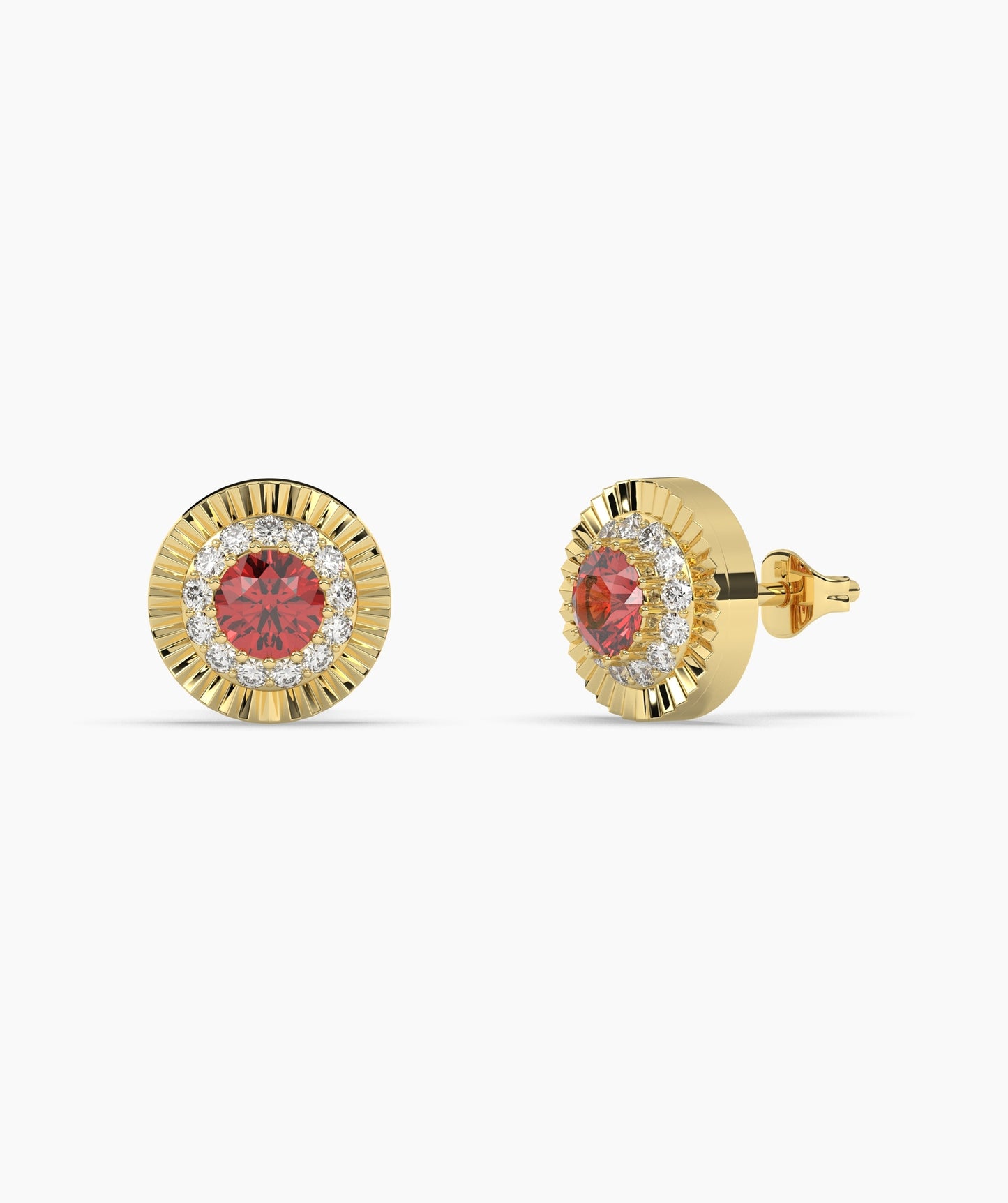 Round Birthstone Diamond Halo Fluted Stud Earrings in 14K Gold