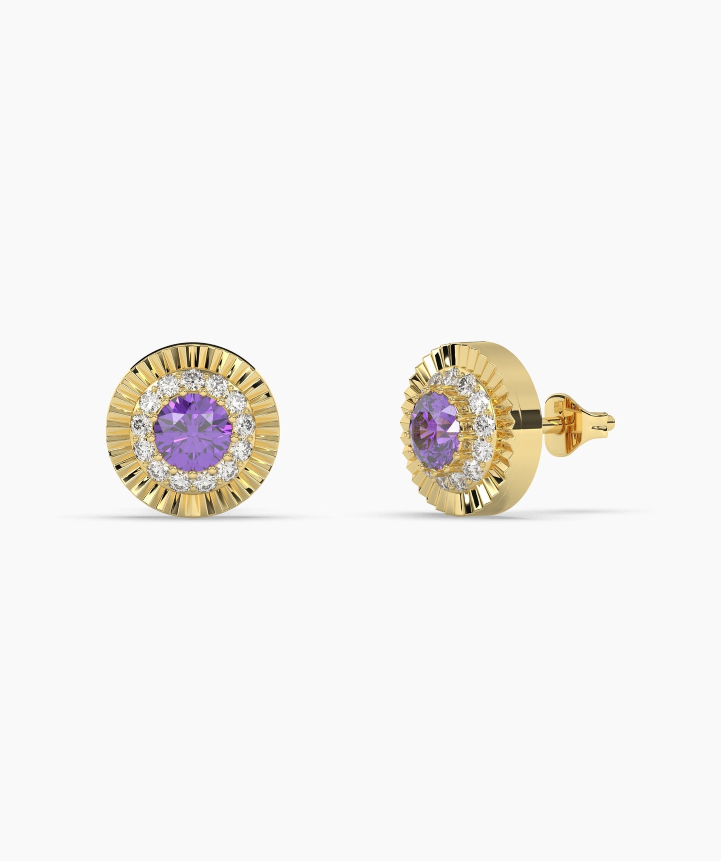 Round Birthstone Diamond Halo Fluted Stud Earrings in 14K Gold