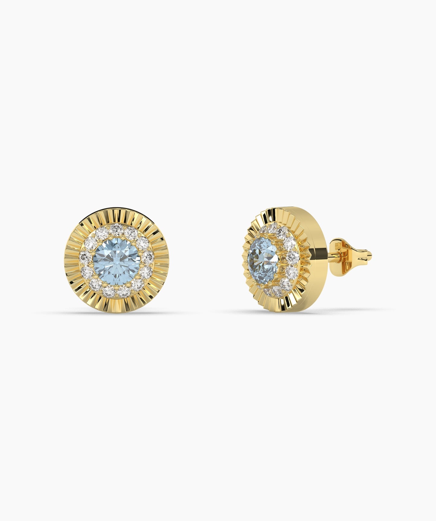Round Birthstone Diamond Halo Fluted Stud Earrings in 14K Gold