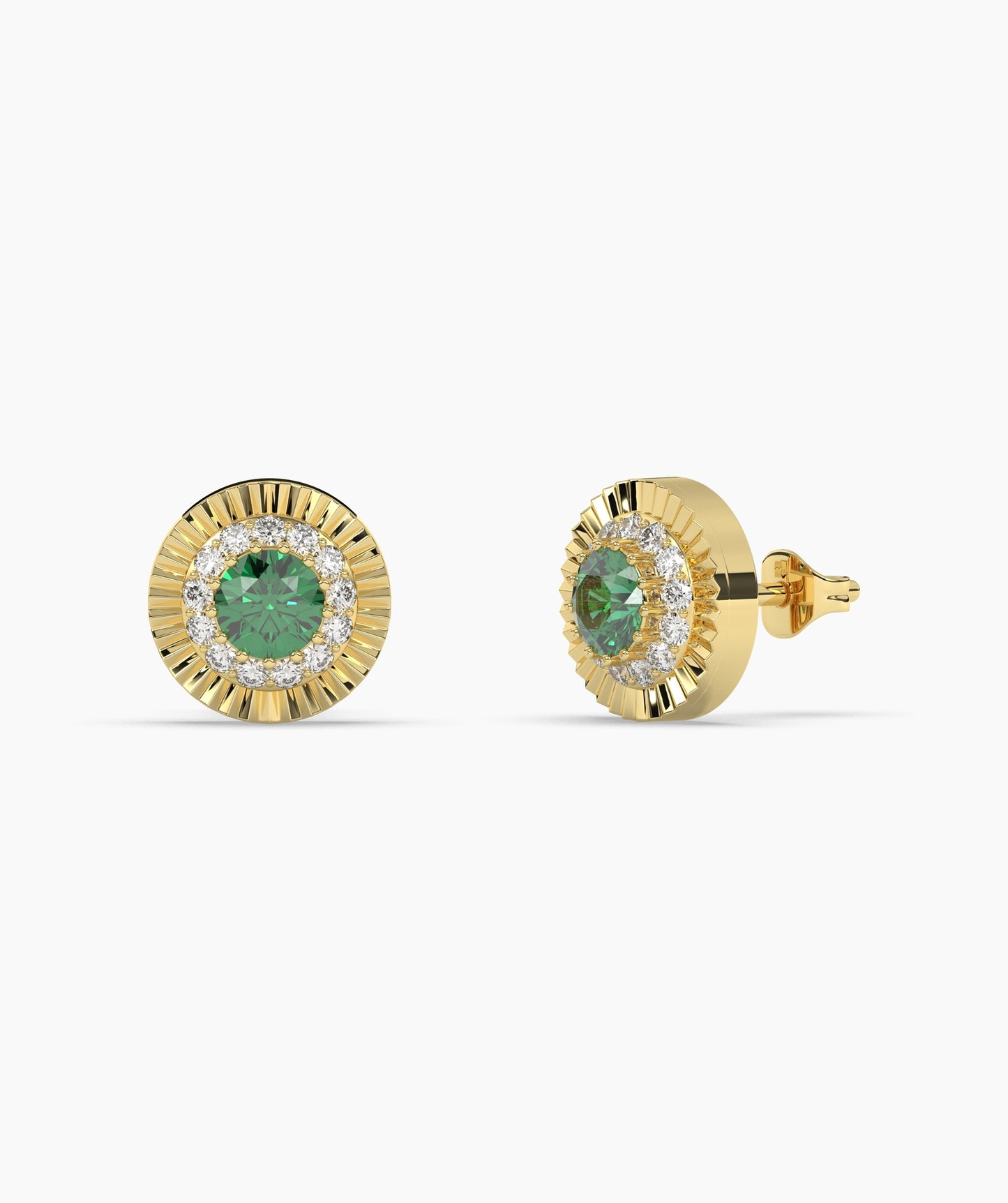 Round Birthstone Diamond Halo Fluted Stud Earrings in 14K Gold