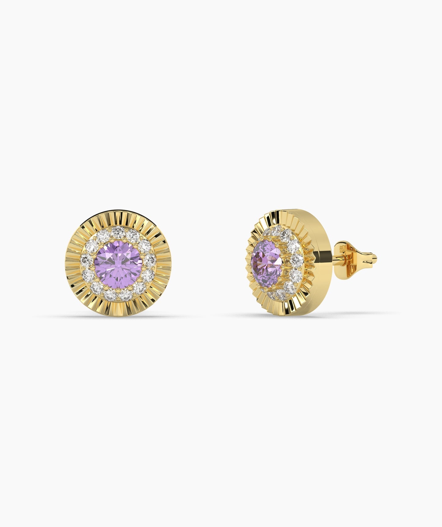 Round Birthstone Diamond Halo Fluted Stud Earrings in 14K Gold