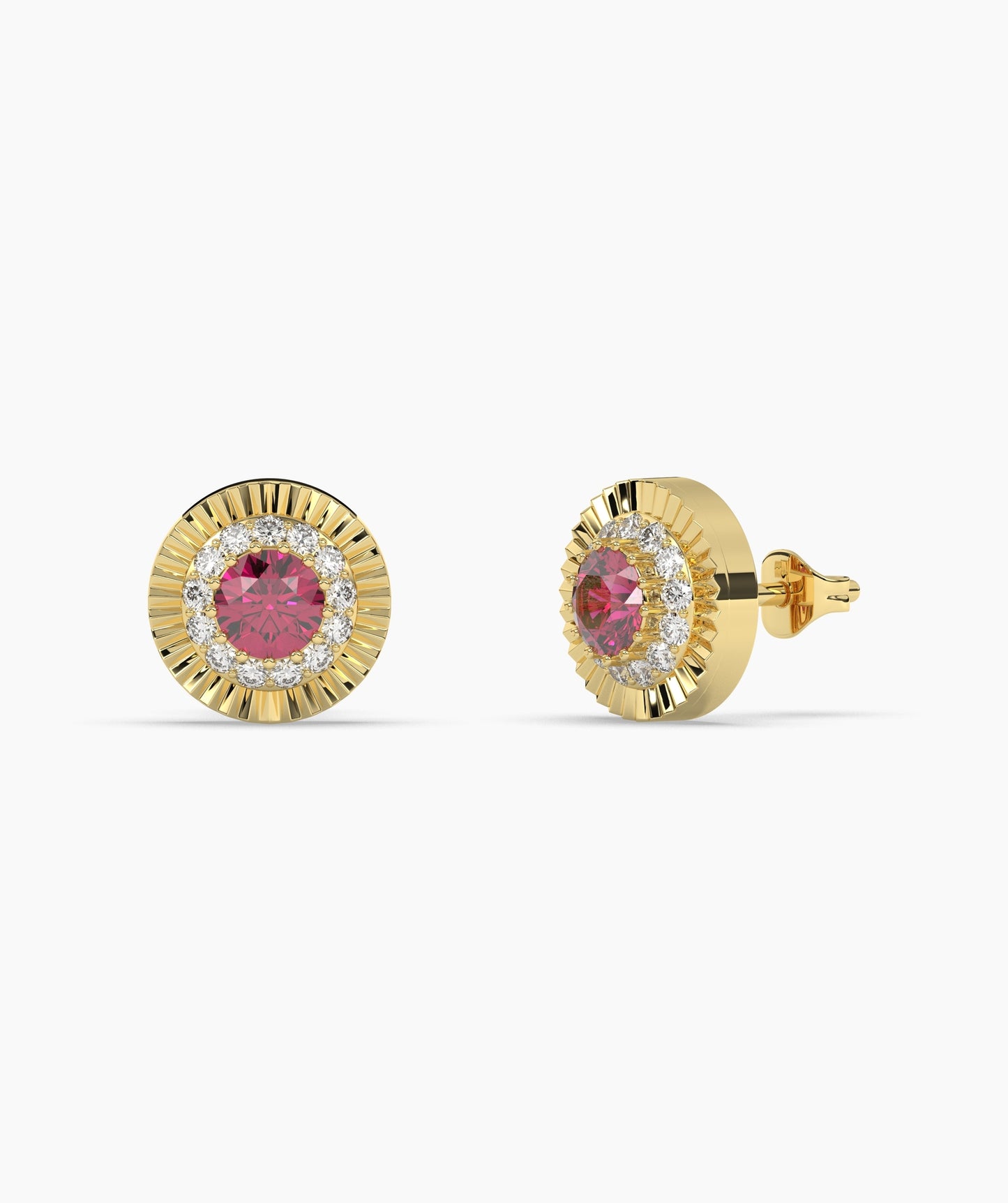 Round Birthstone Diamond Halo Fluted Stud Earrings in 14K Gold