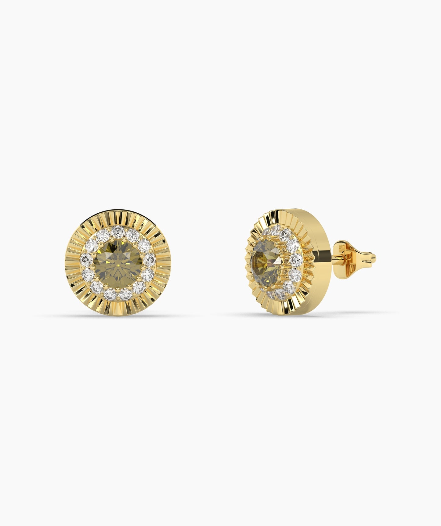 Round Birthstone Diamond Halo Fluted Stud Earrings in 14K Gold
