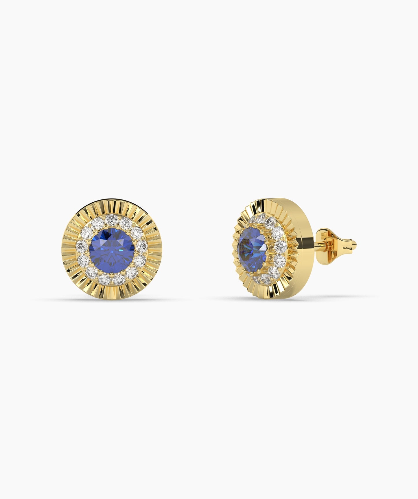 Round Birthstone Diamond Halo Fluted Stud Earrings in 14K Gold