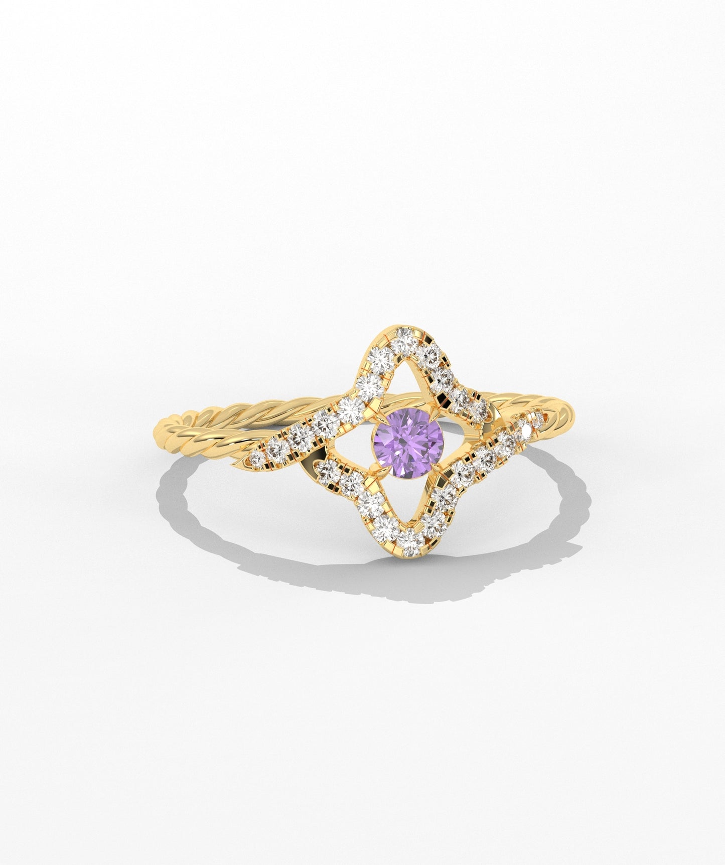 Four Point Star Green Diamond Twisted Rope Ring in 14K Gold