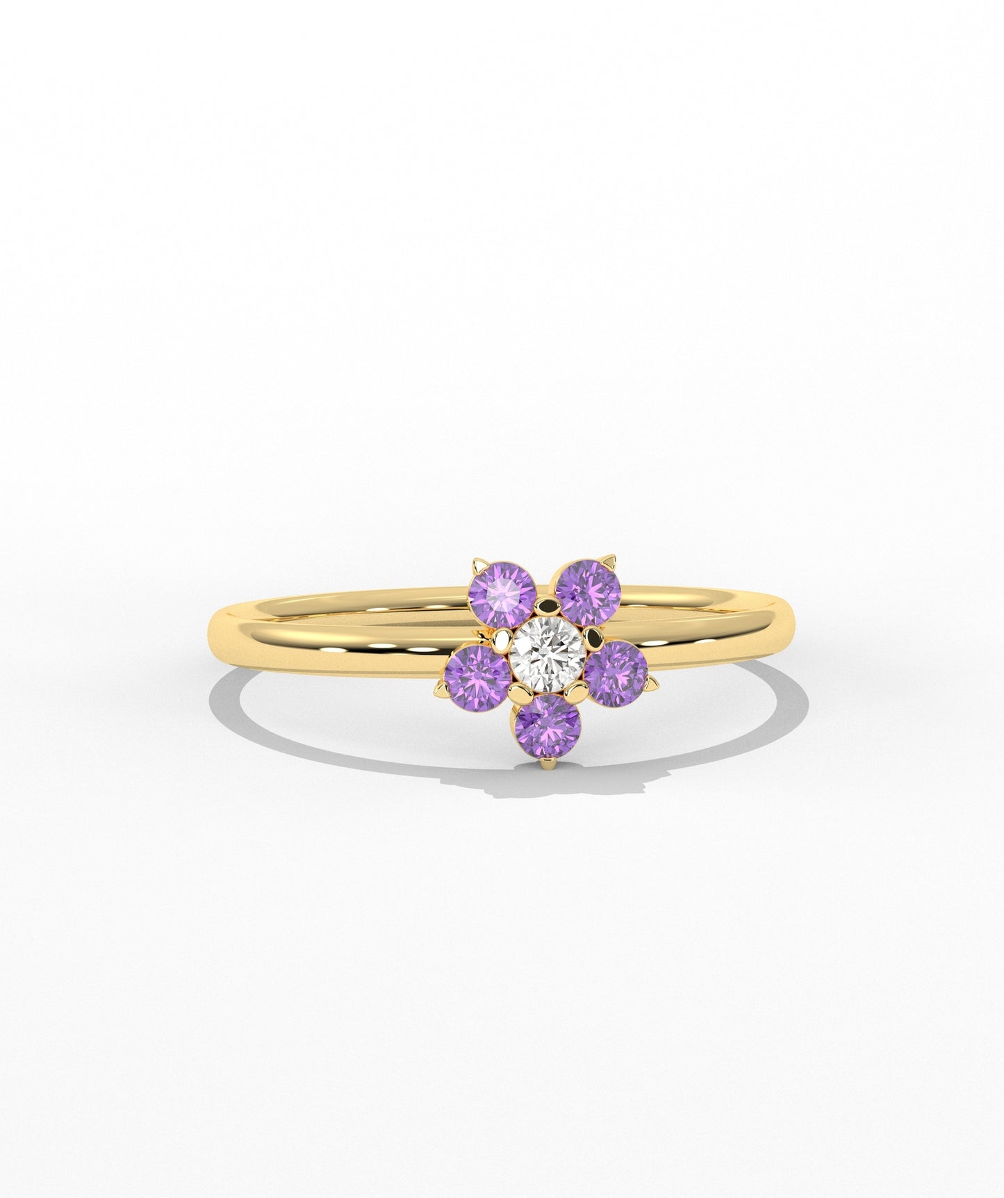 Purple and White Diamond Forget Me Not Flower Petite Ring in 14K Gold