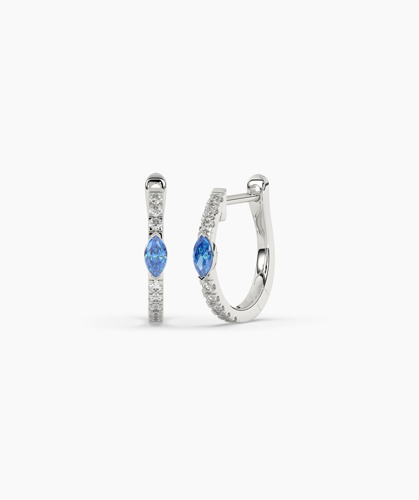 14K Gold Marquise Blue Diamond & White Diamond Huggie Hoop Earrings