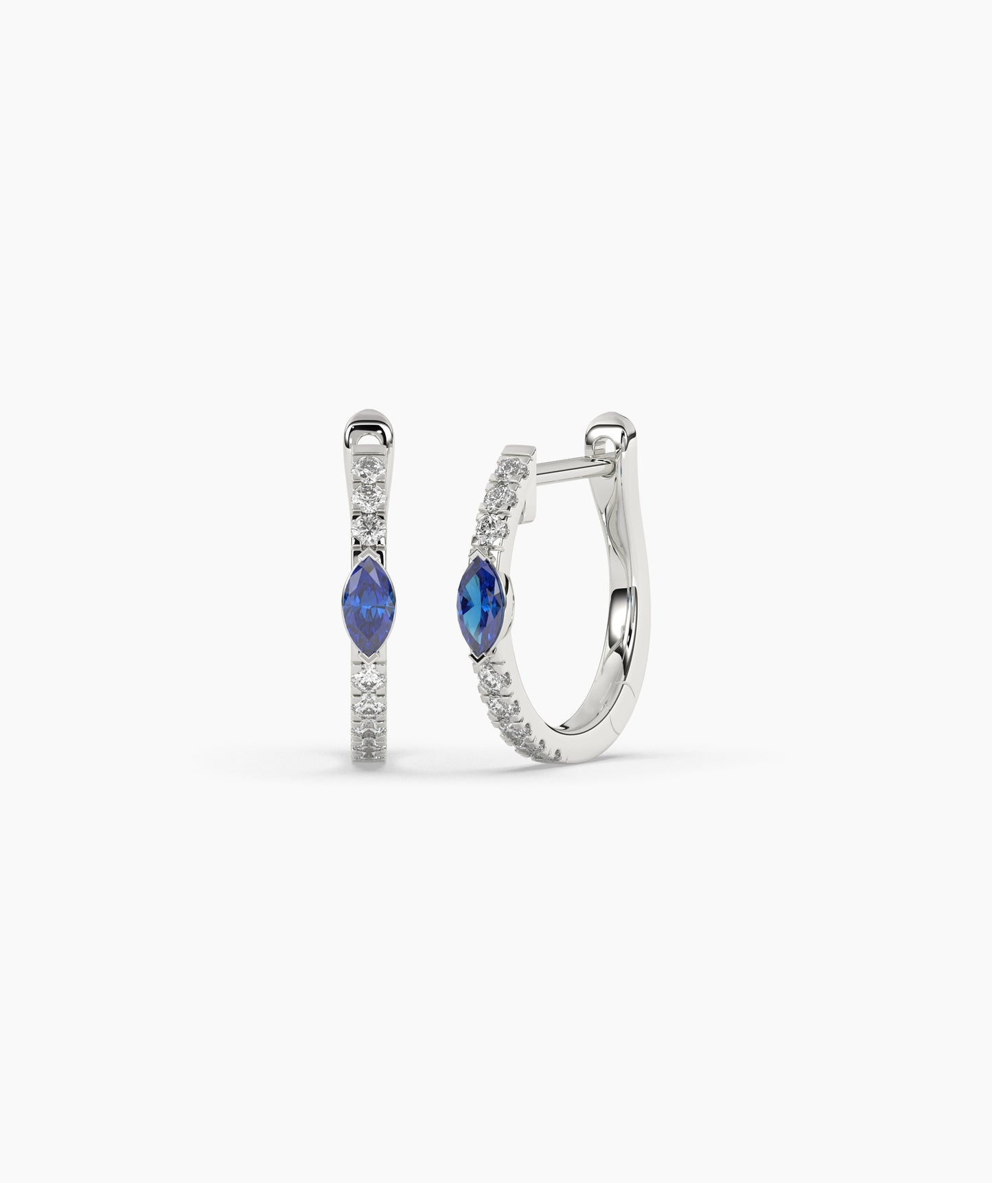 14K Gold Marquise Blue Diamond & White Diamond Huggie Hoop Earrings