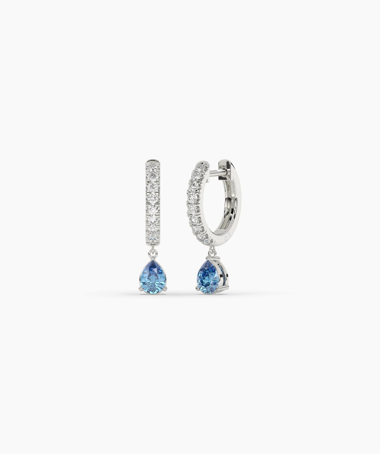 Pear Blue Diamond Drop Huggie Hoop Earrings in 14K Gold