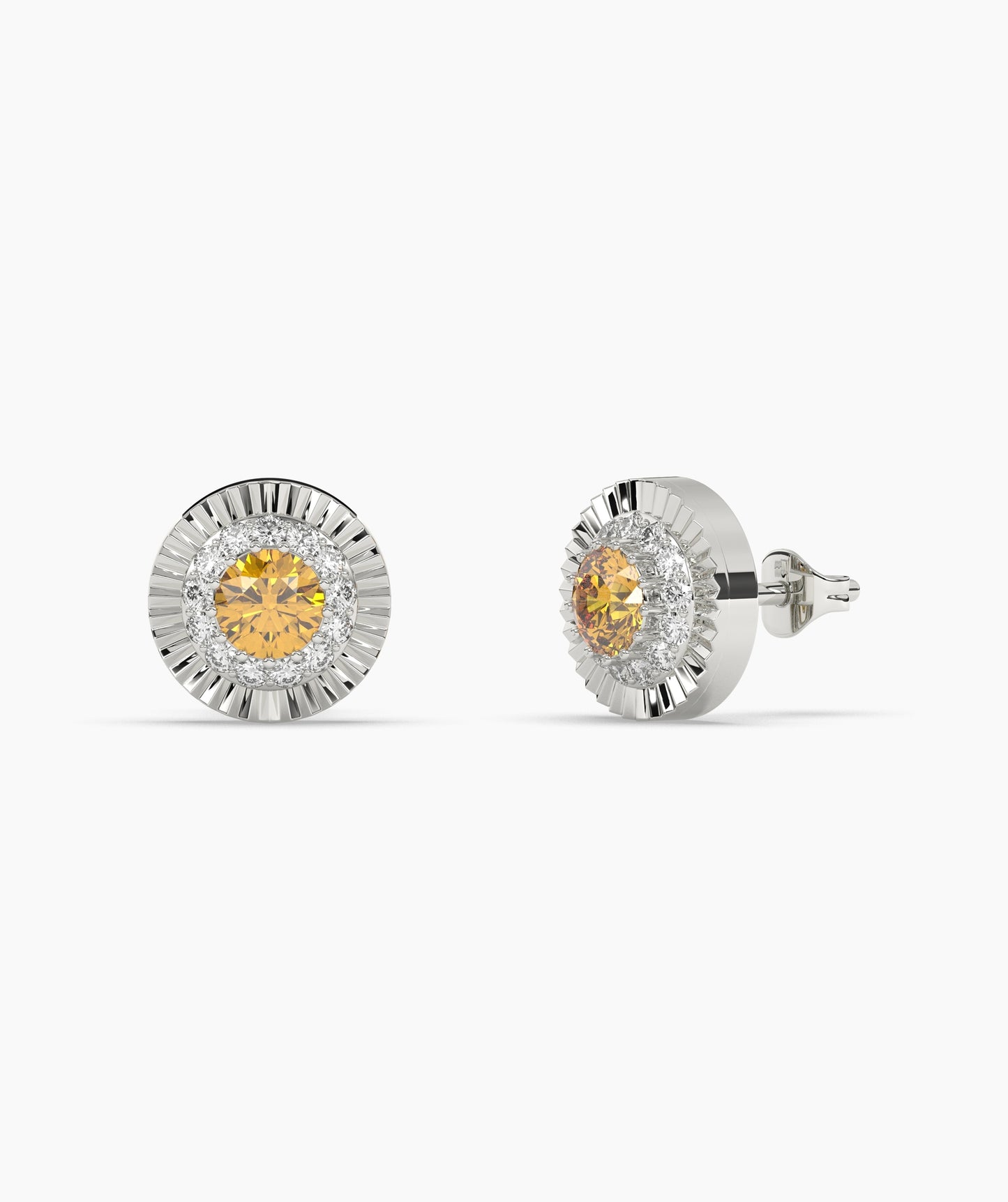 Round Birthstone Diamond Halo Fluted Stud Earrings in 14K Gold