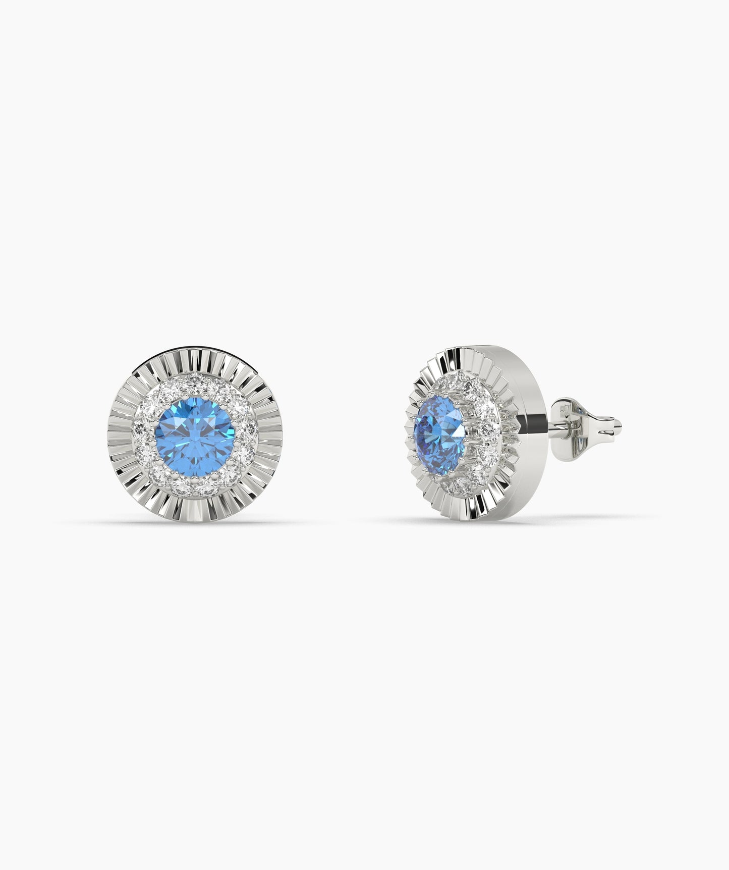 Round Birthstone Diamond Halo Fluted Stud Earrings in 14K Gold