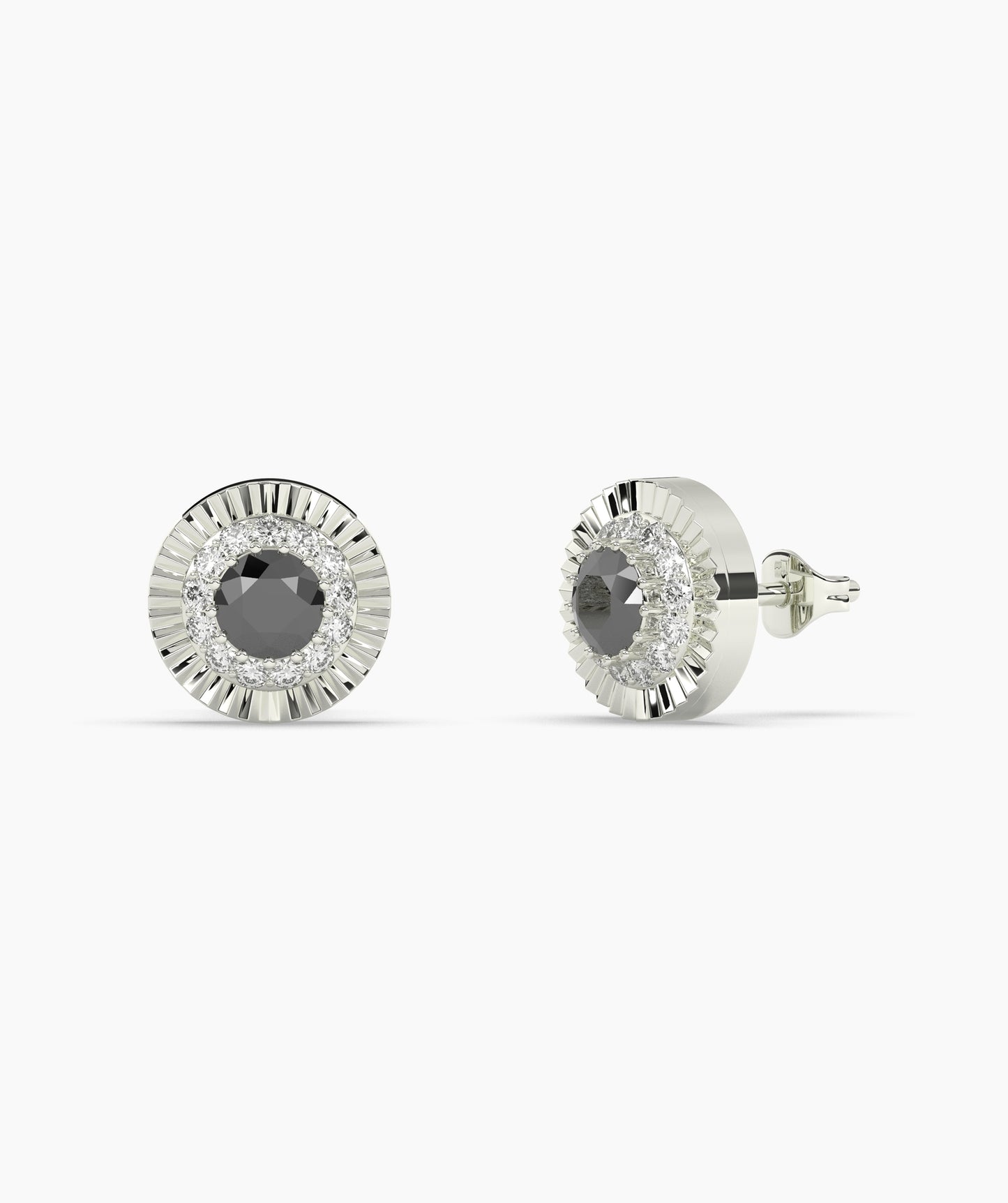 Round Birthstone Diamond Halo Fluted Stud Earrings in 14K Gold