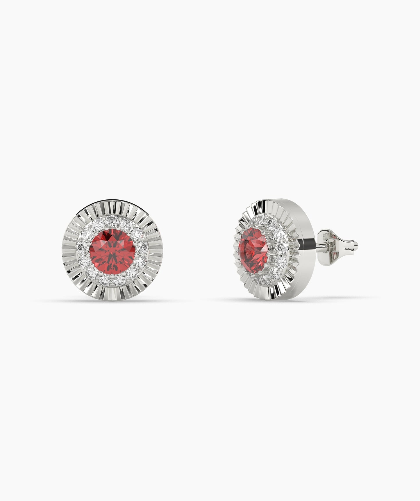 Round Birthstone Diamond Halo Fluted Stud Earrings in 14K Gold