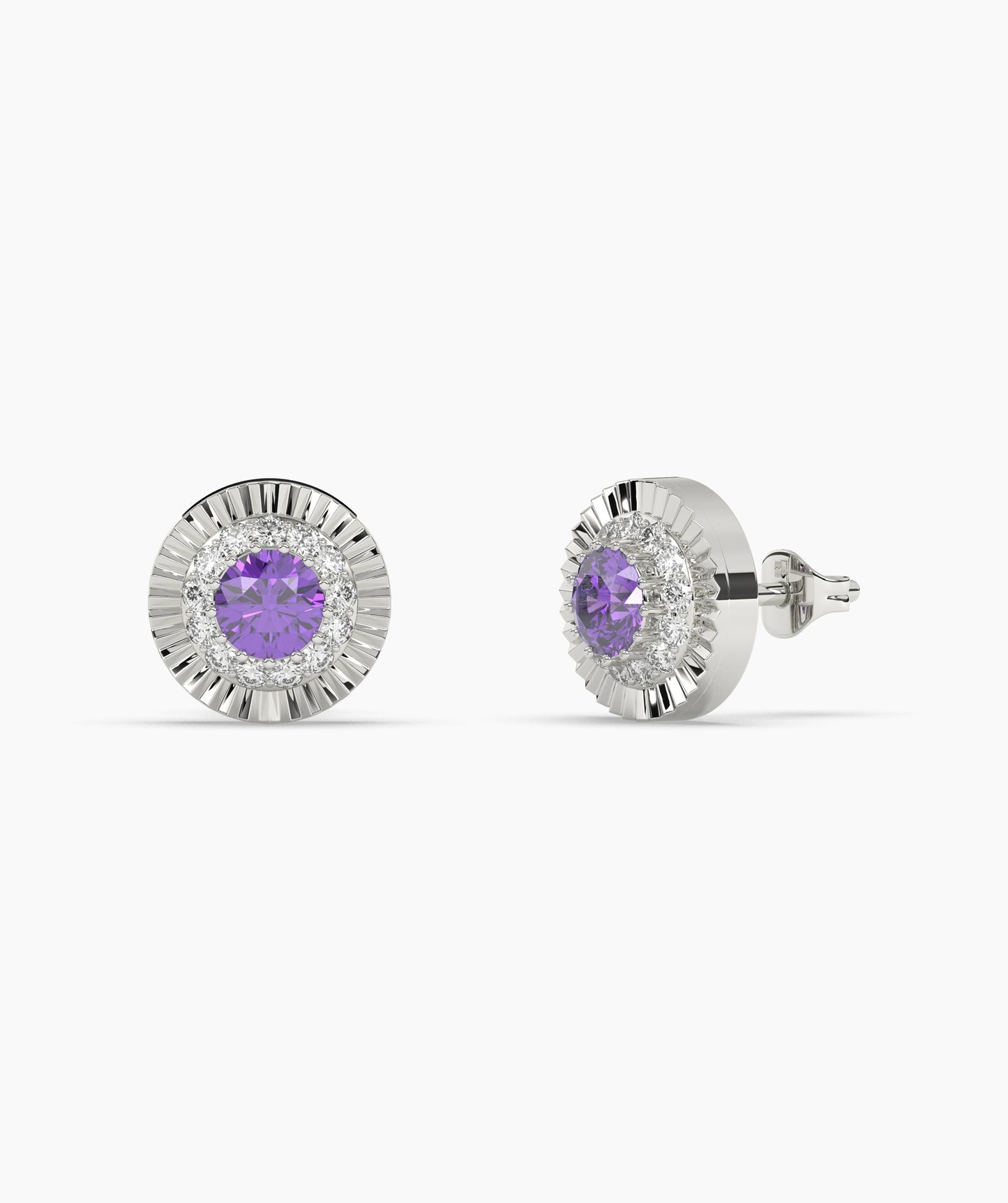 Round Birthstone Diamond Halo Fluted Stud Earrings in 14K Gold