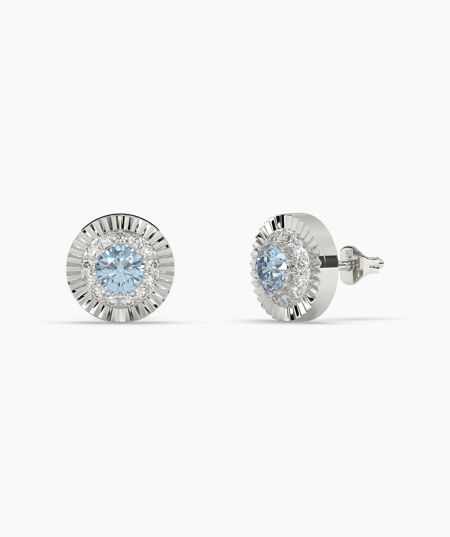 Round Birthstone Diamond Halo Fluted Stud Earrings in 14K Gold