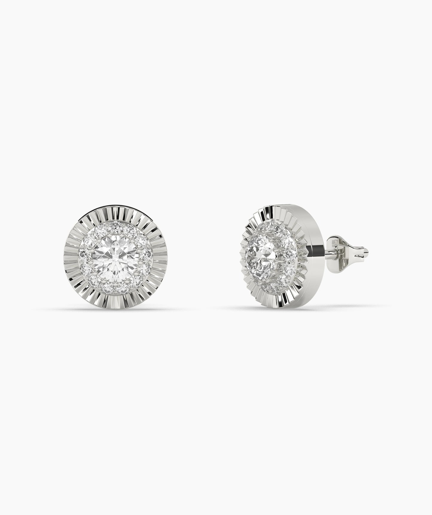 Round Birthstone Diamond Halo Fluted Stud Earrings in 14K Gold