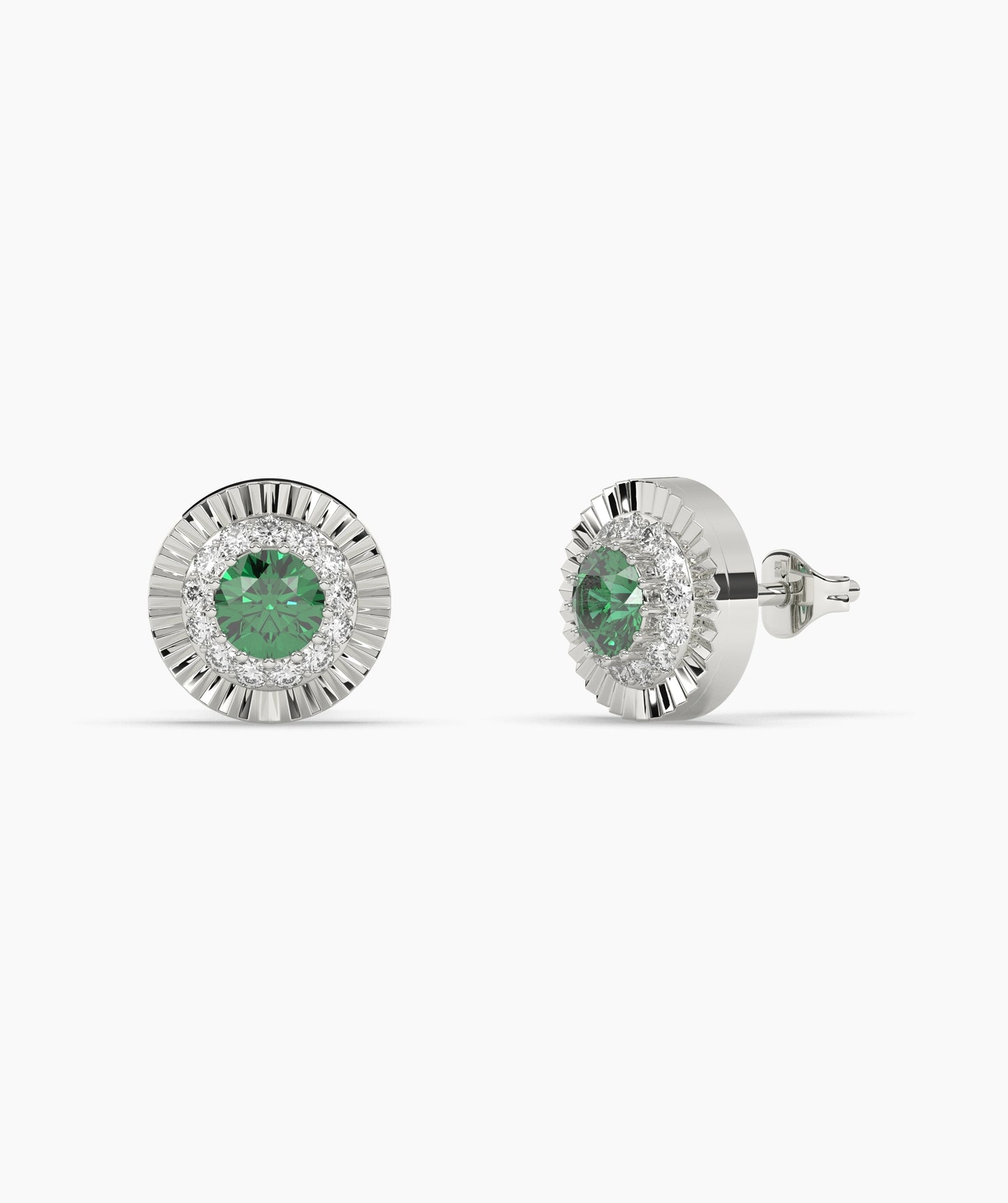 Round Birthstone Diamond Halo Fluted Stud Earrings in 14K Gold