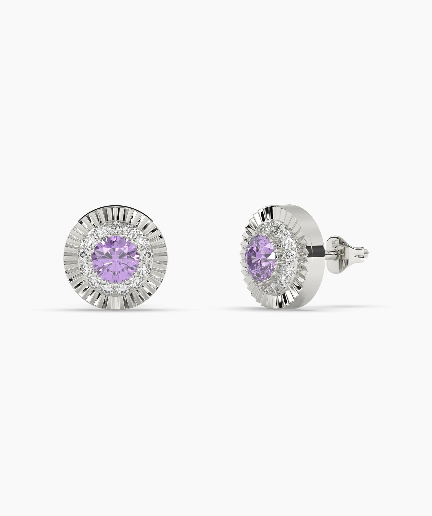 Round Birthstone Diamond Halo Fluted Stud Earrings in 14K Gold