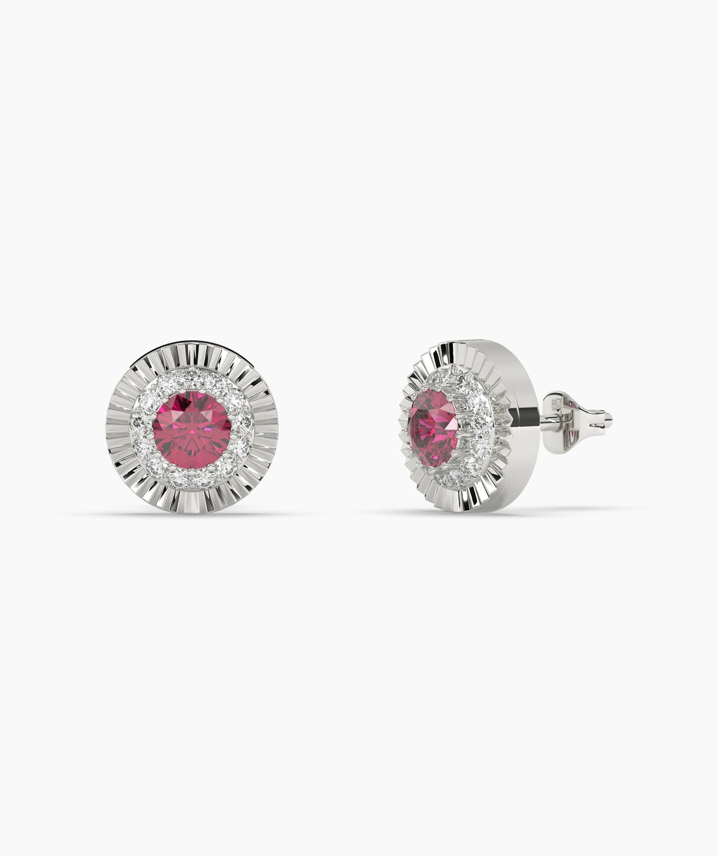 Round Birthstone Diamond Halo Fluted Stud Earrings in 14K Gold
