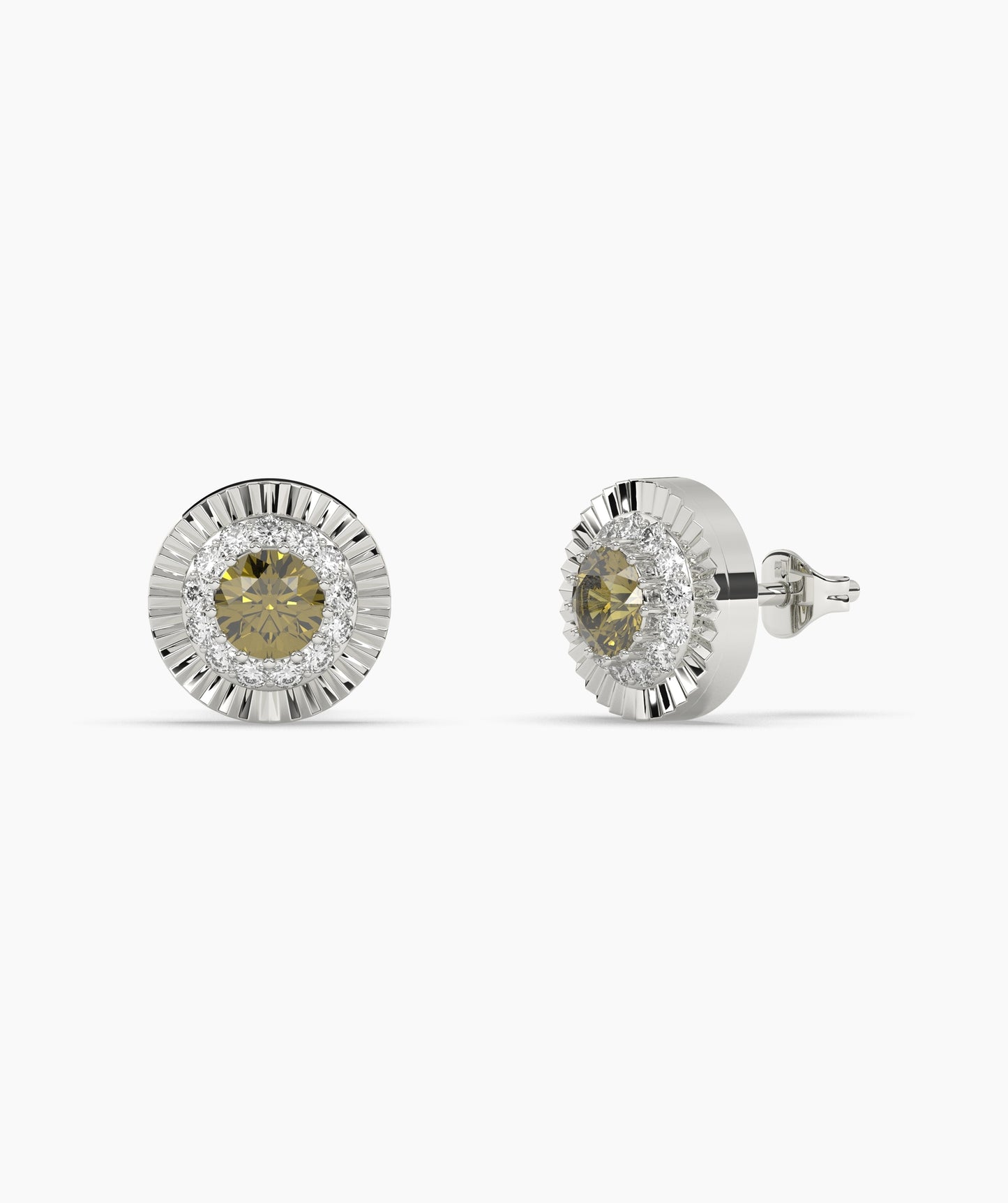 Round Birthstone Diamond Halo Fluted Stud Earrings in 14K Gold