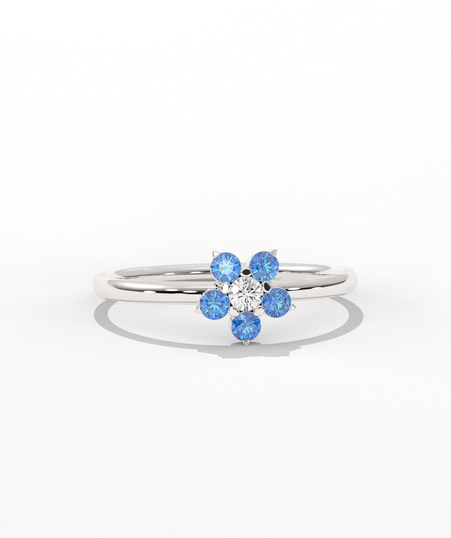 Purple and White Diamond Forget Me Not Flower Petite Ring in 14K Gold