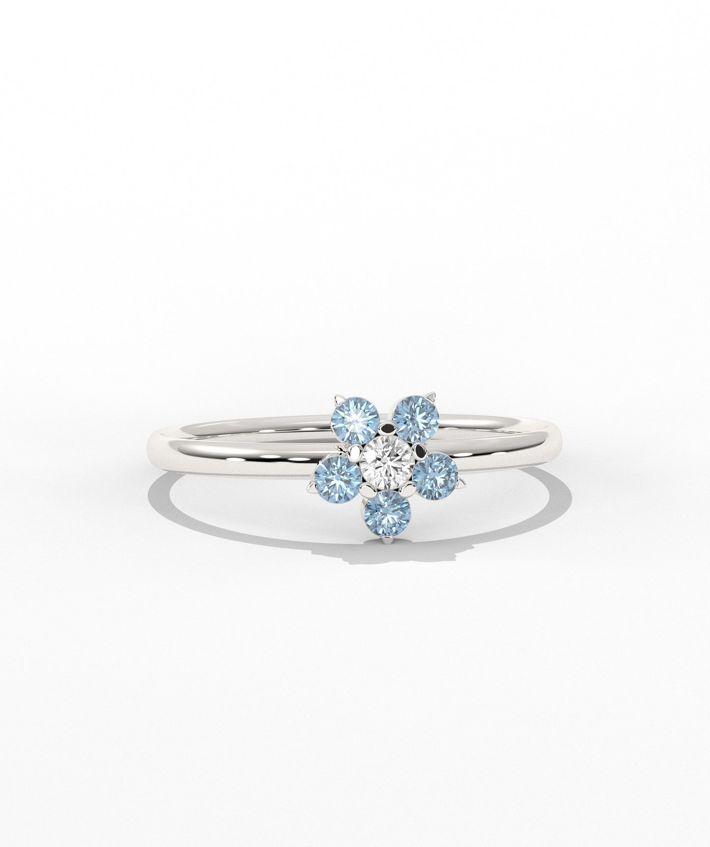 Purple and White Diamond Forget Me Not Flower Petite Ring in 14K Gold