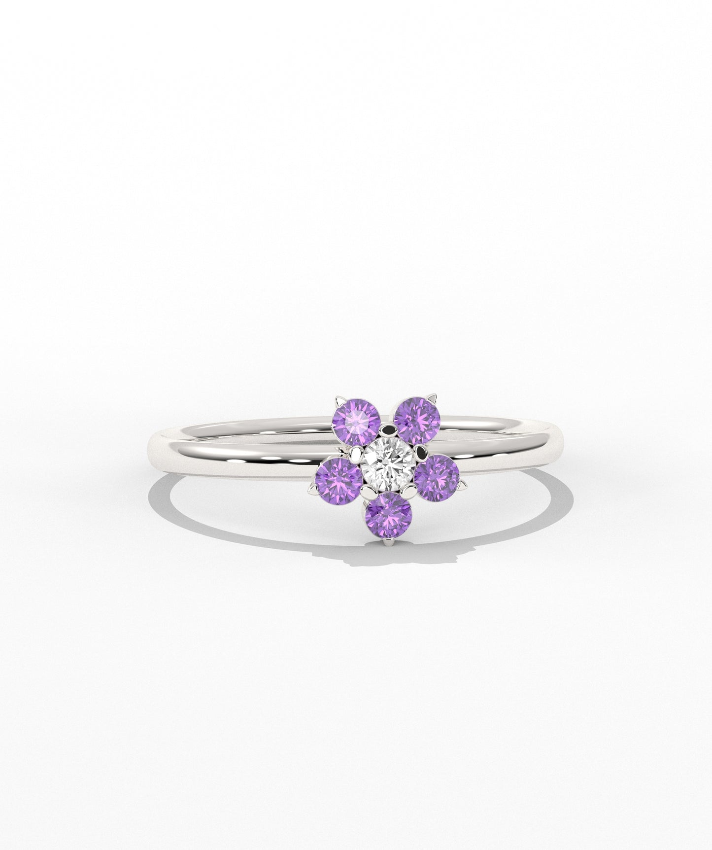 Purple and White Diamond Forget Me Not Flower Petite Ring in 14K Gold