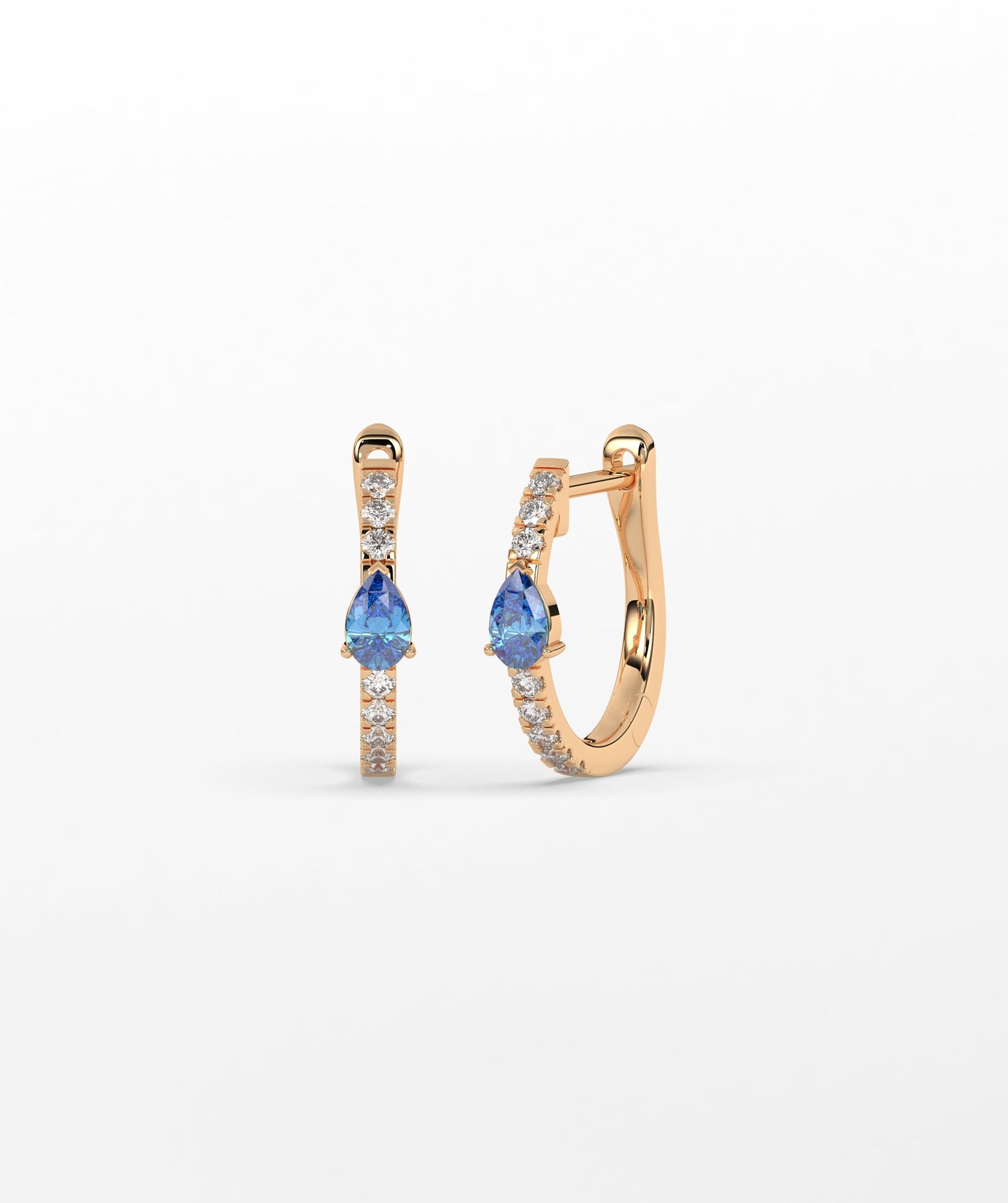 14K Gold Pear Blue Diamond & White Diamond Pavé Huggie Hoop Earrings