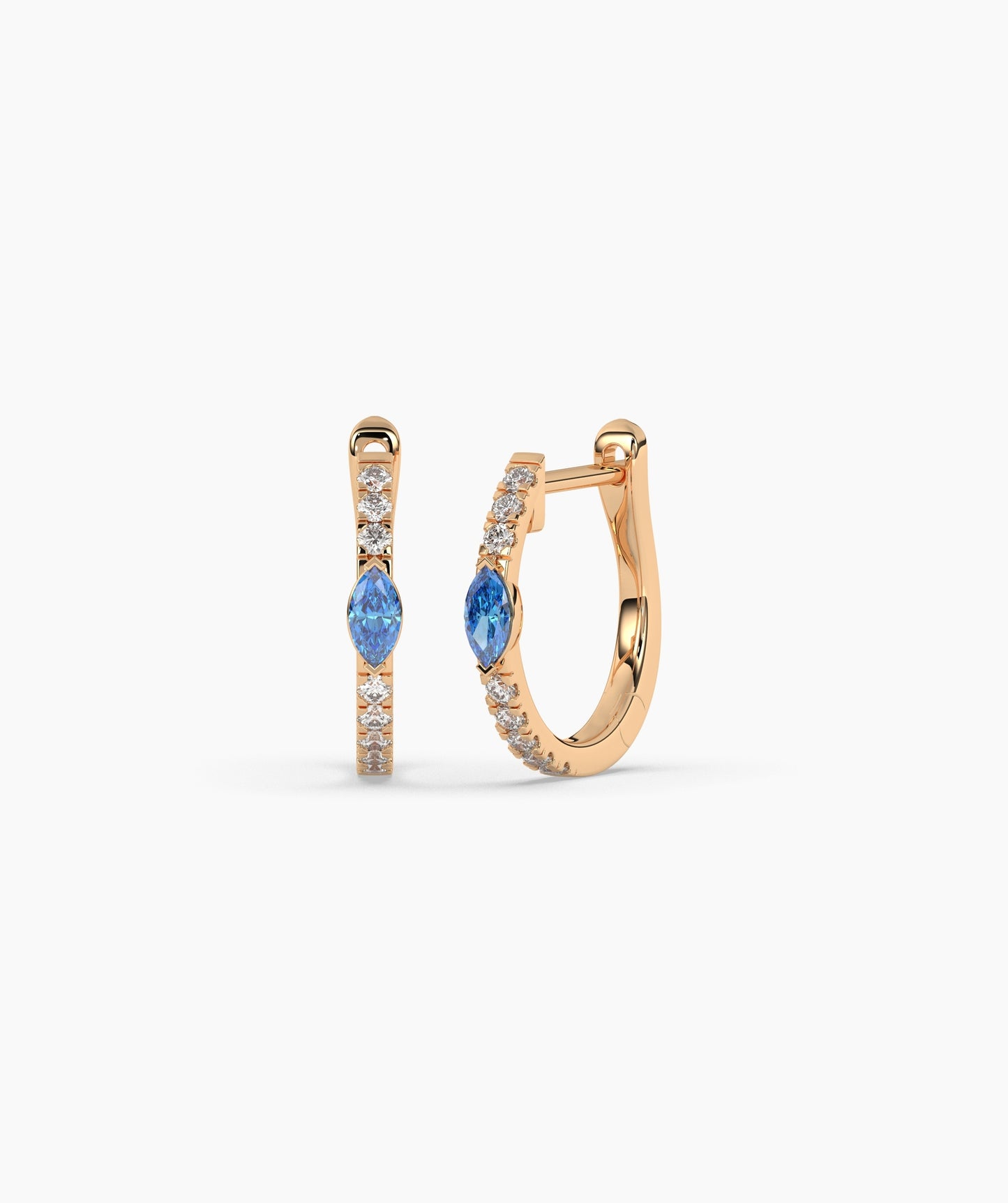 14K Gold Marquise Blue Diamond & White Diamond Huggie Hoop Earrings