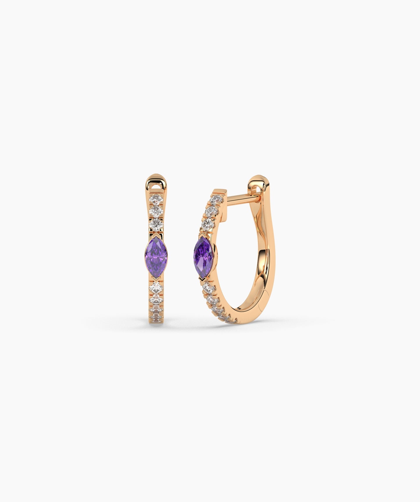14K Gold Marquise Blue Diamond & White Diamond Huggie Hoop Earrings