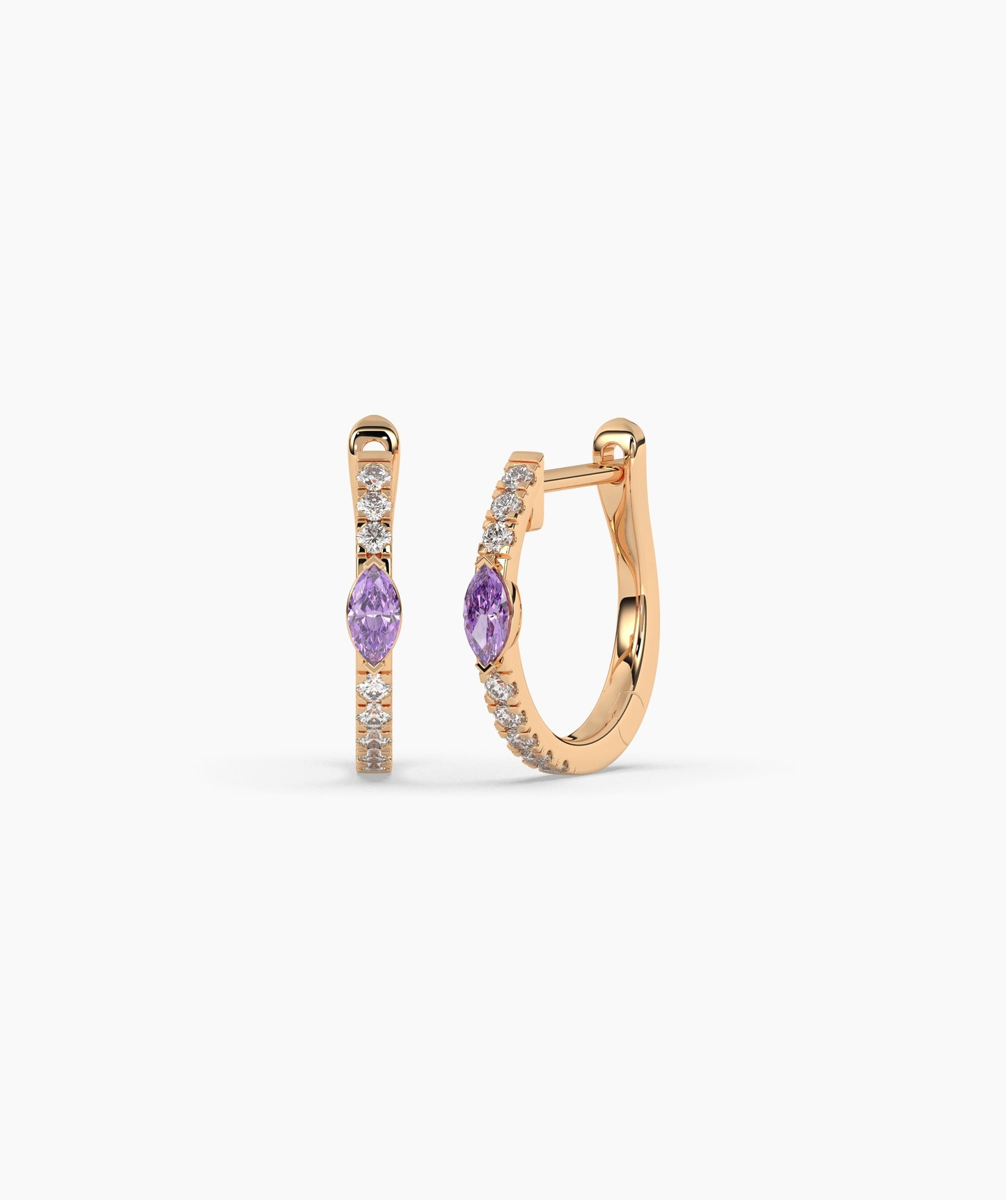 14K Gold Marquise Blue Diamond & White Diamond Huggie Hoop Earrings