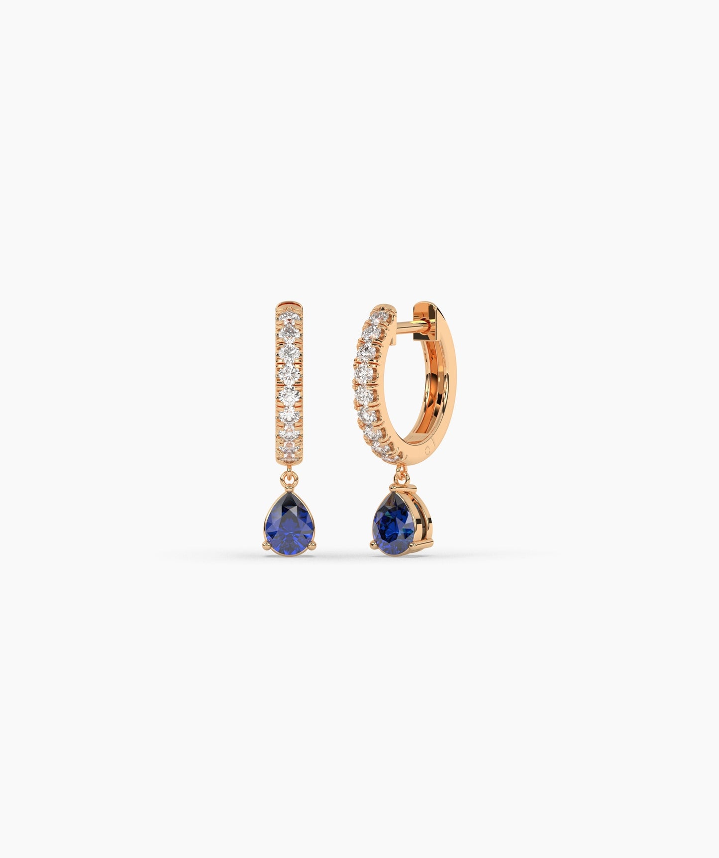 Pear Blue Diamond Drop Huggie Hoop Earrings in 14K Gold