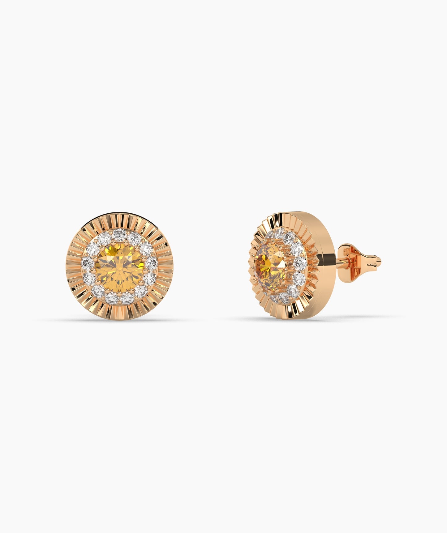 Round Birthstone Diamond Halo Fluted Stud Earrings in 14K Gold