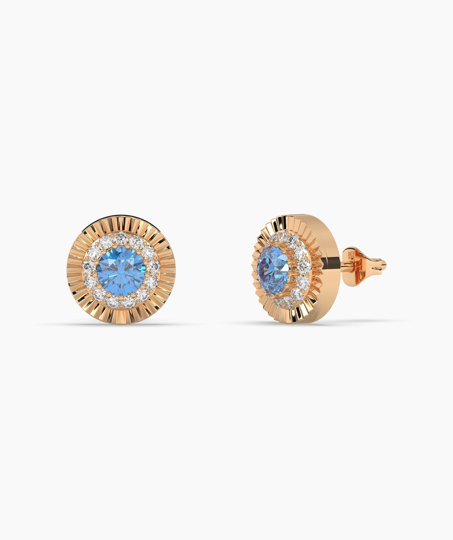 Round Birthstone Diamond Halo Fluted Stud Earrings in 14K Gold
