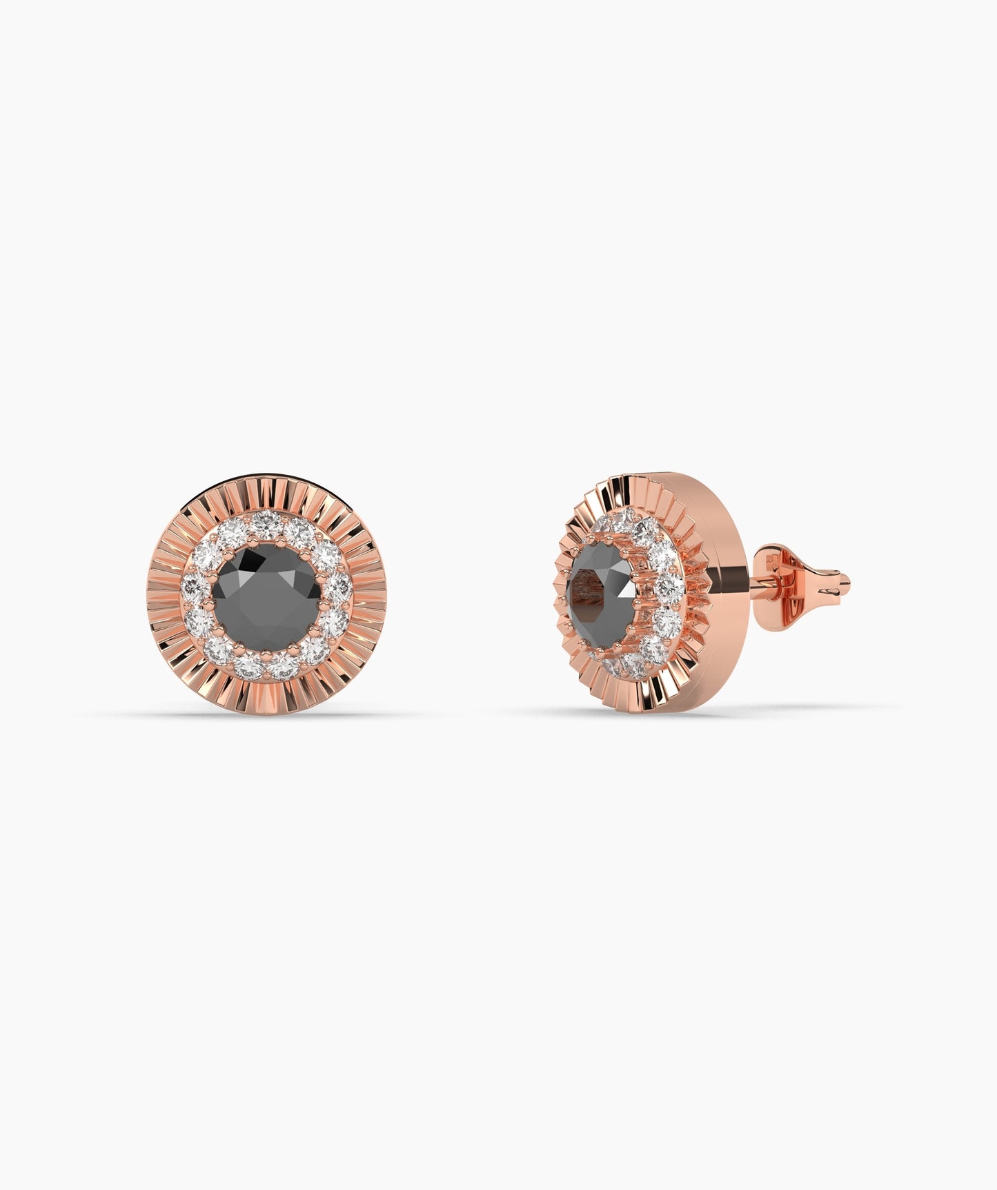 Round Birthstone Diamond Halo Fluted Stud Earrings in 14K Gold