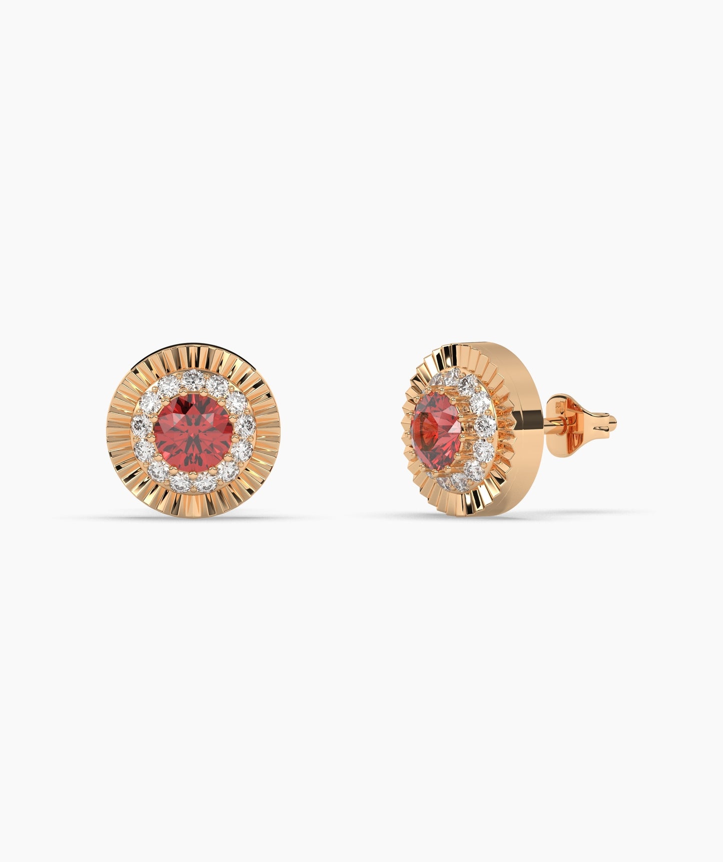 Round Birthstone Diamond Halo Fluted Stud Earrings in 14K Gold