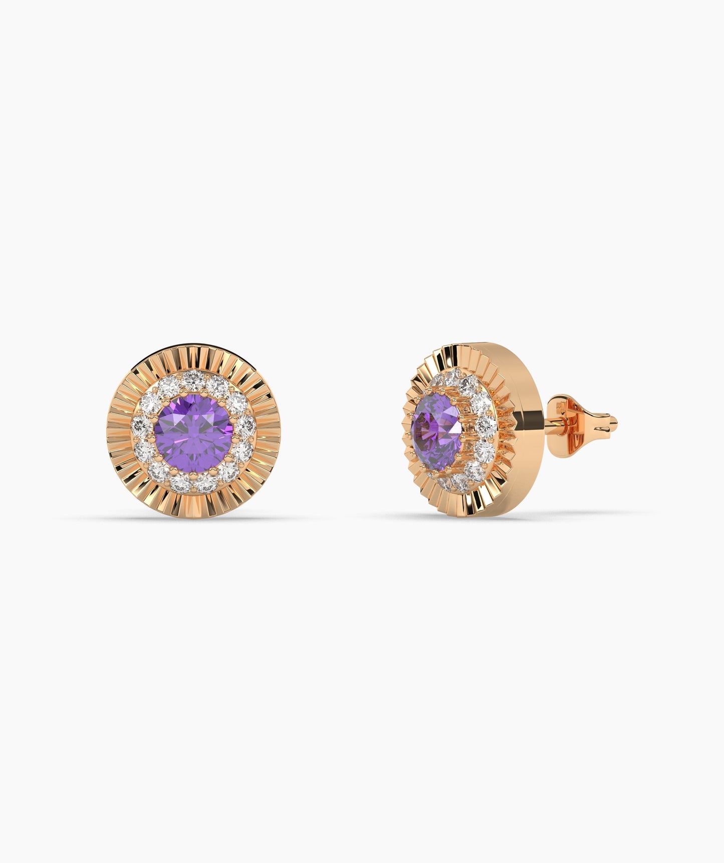 Round Birthstone Diamond Halo Fluted Stud Earrings in 14K Gold
