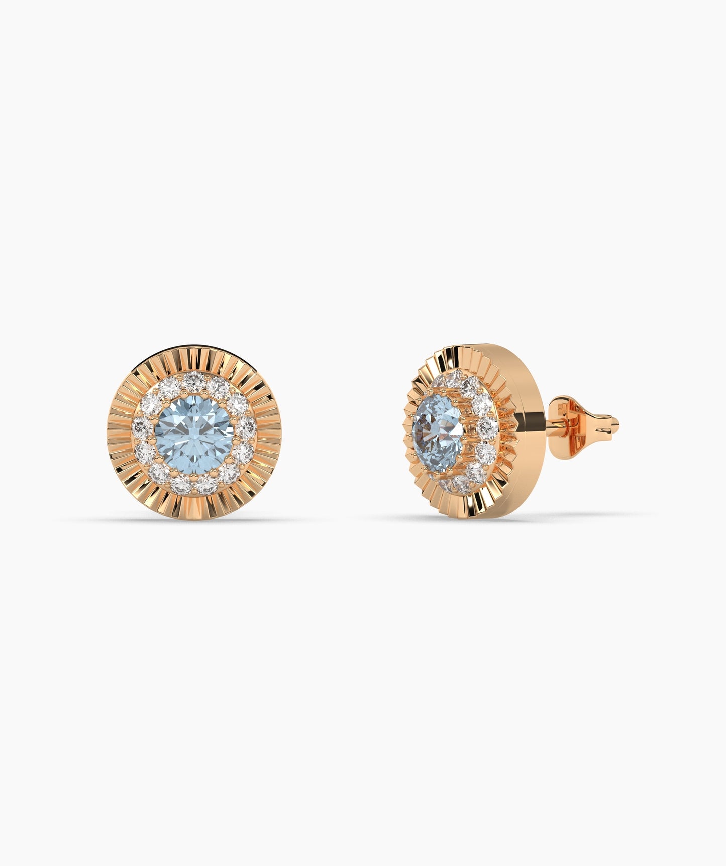 Round Birthstone Diamond Halo Fluted Stud Earrings in 14K Gold