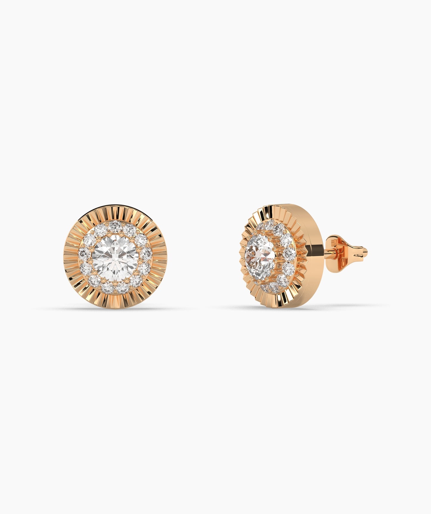 Round Birthstone Diamond Halo Fluted Stud Earrings in 14K Gold