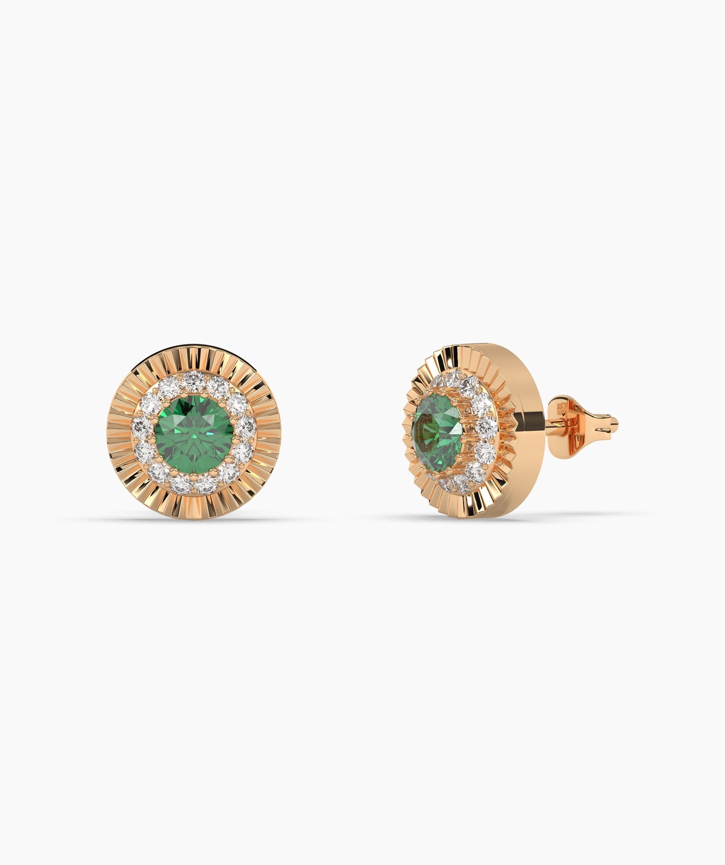 Round Birthstone Diamond Halo Fluted Stud Earrings in 14K Gold