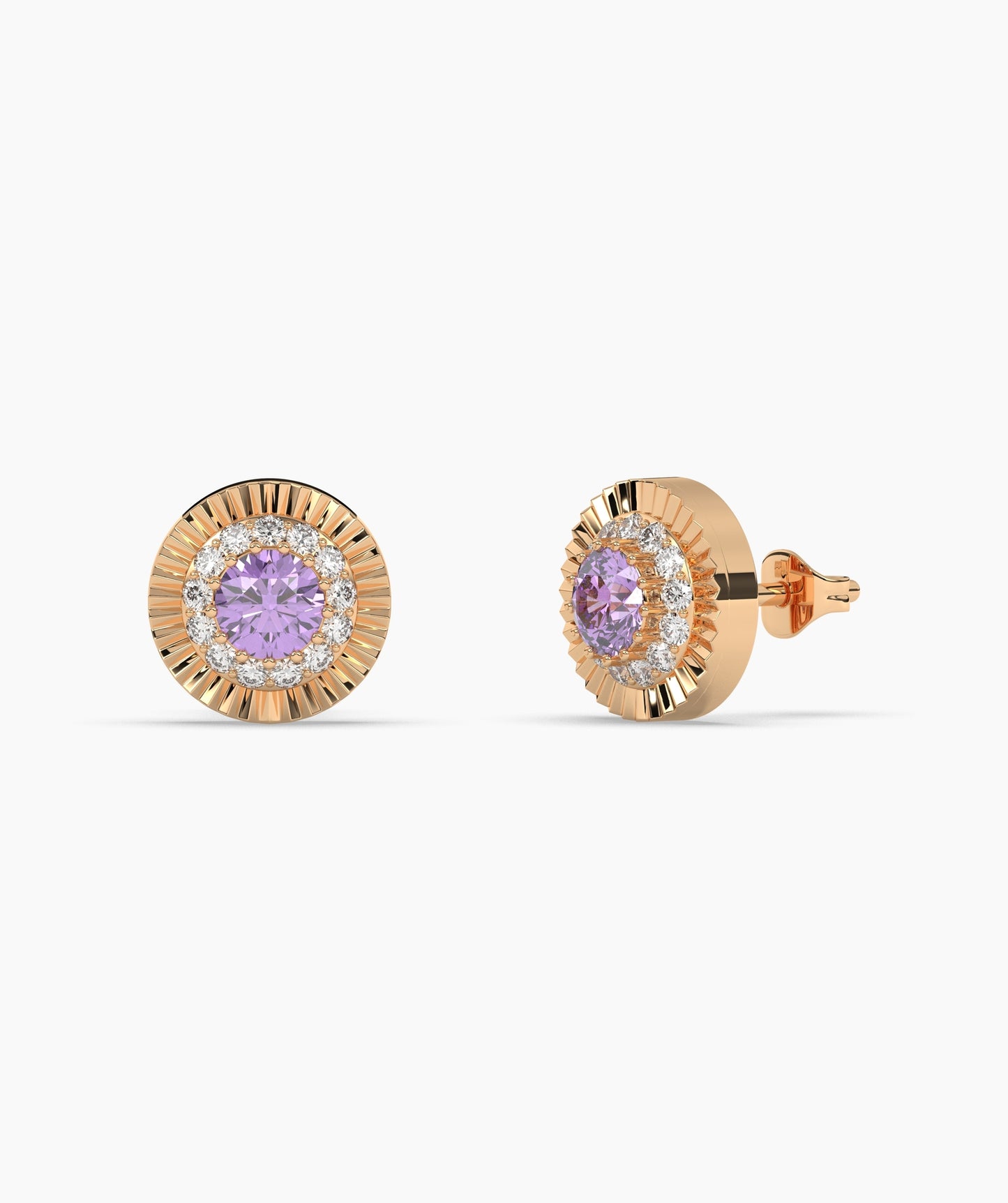 Round Birthstone Diamond Halo Fluted Stud Earrings in 14K Gold