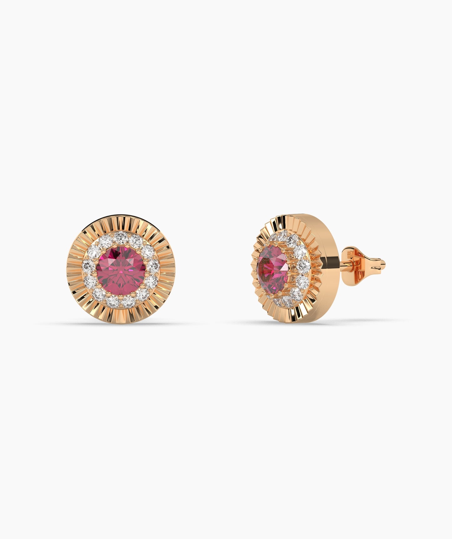 Round Birthstone Diamond Halo Fluted Stud Earrings in 14K Gold