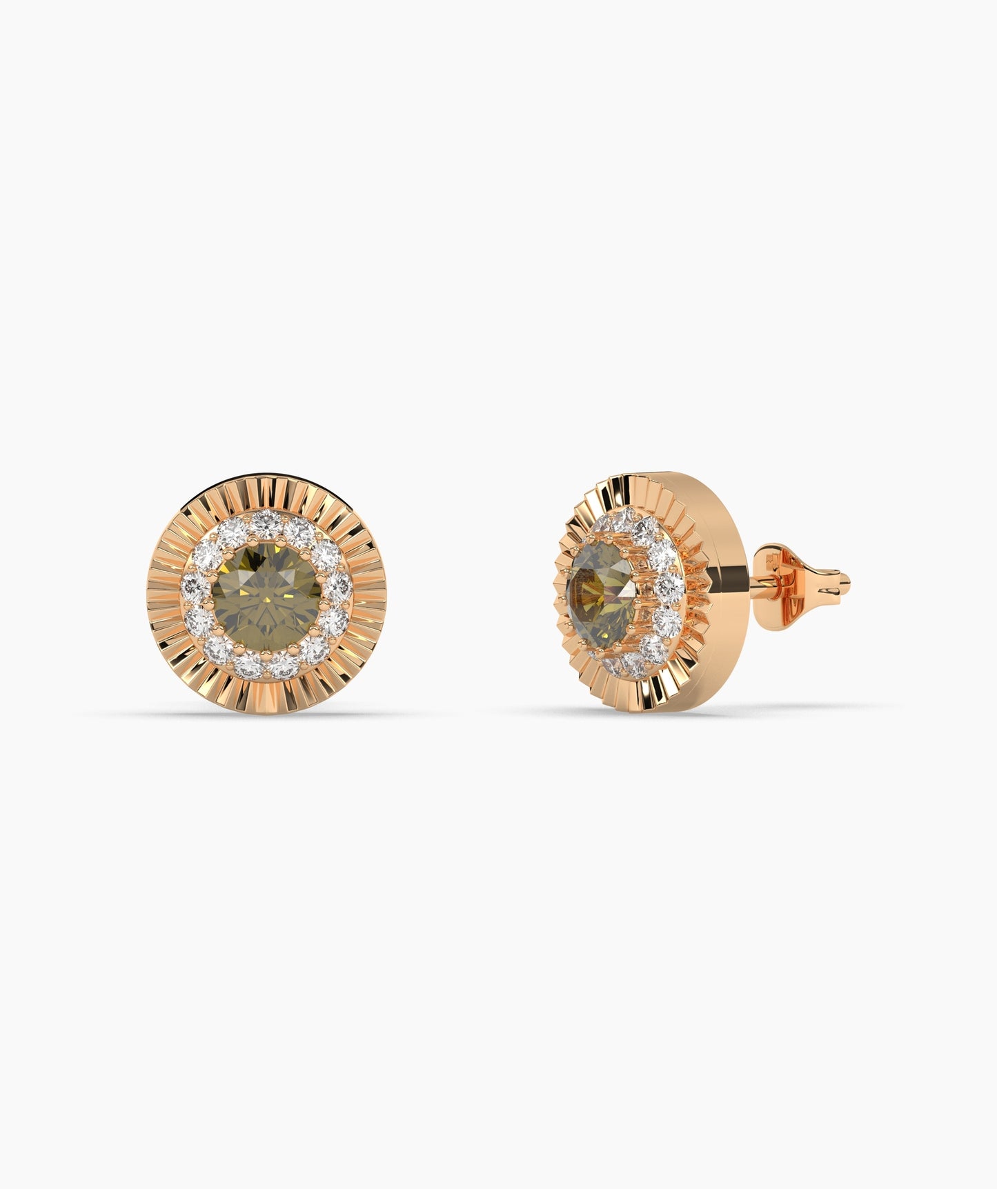 Round Birthstone Diamond Halo Fluted Stud Earrings in 14K Gold