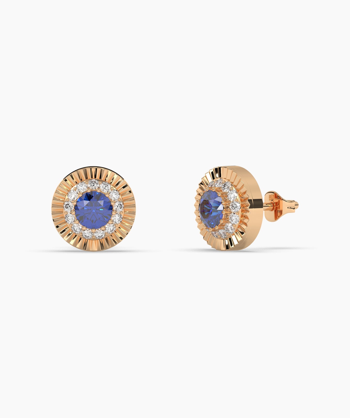 Round Birthstone Diamond Halo Fluted Stud Earrings in 14K Gold