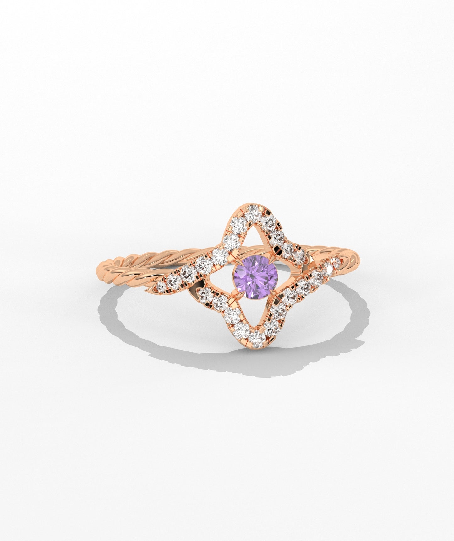 Four Point Star Green Diamond Twisted Rope Ring in 14K Gold