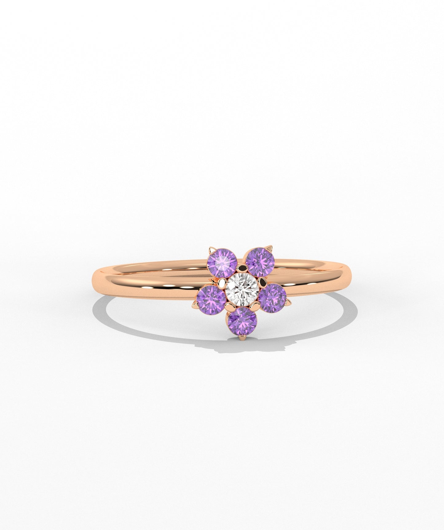 Purple and White Diamond Forget Me Not Flower Petite Ring in 14K Gold