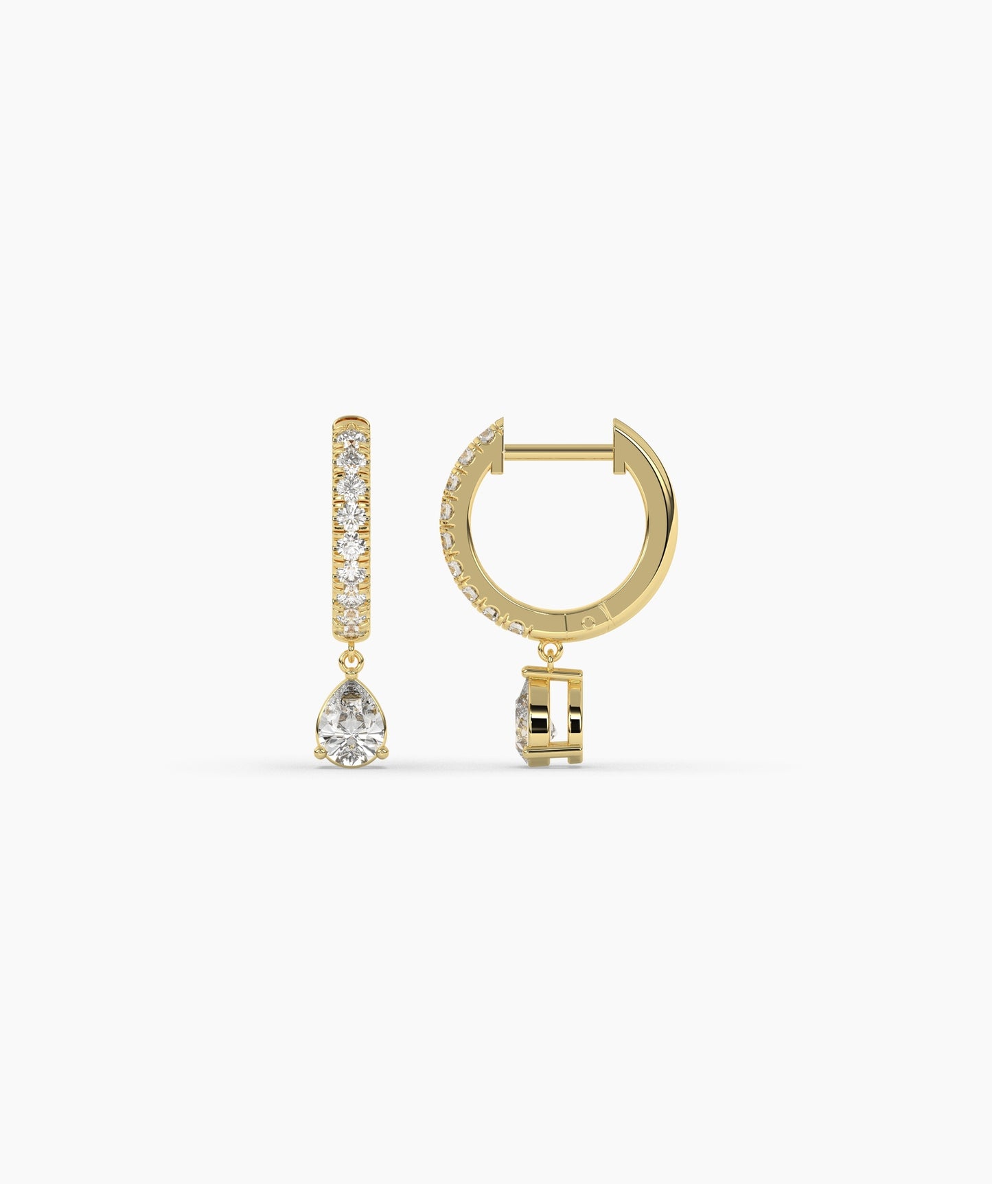Pear Blue Diamond Drop Huggie Hoop Earrings in 14K Gold