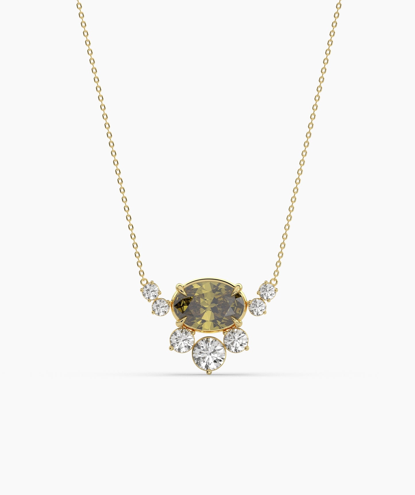 Oval Green Gemstone & Diamond Sunburst Pendant Necklace